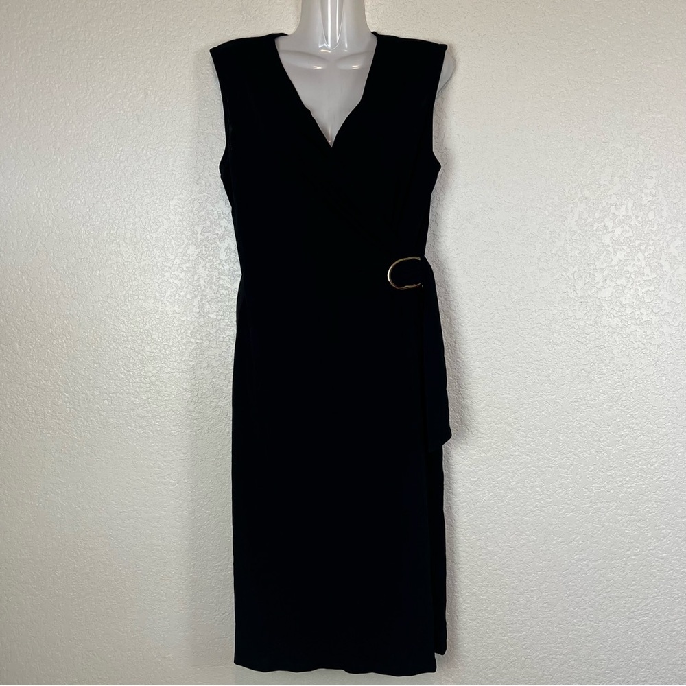 J.PETERMAN Stretch Black Faux Wrap Fit & Flare V-Neck Sleeveless Dress size 10
